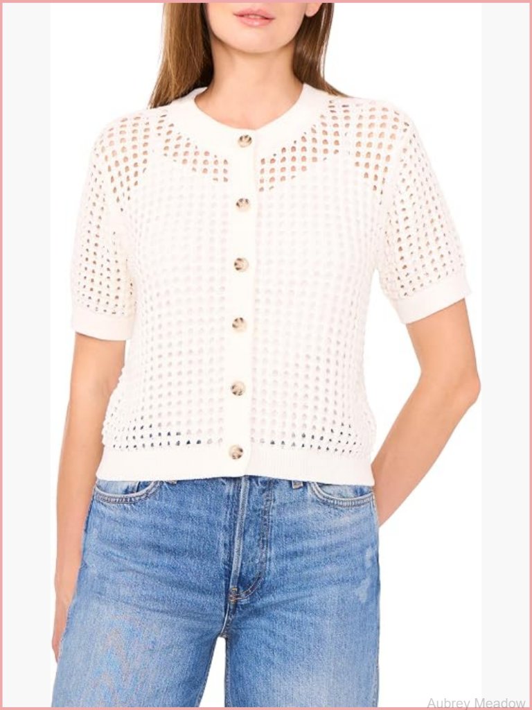 Crochet Pointelle Cardigan - Short Sleeve Crewneck Knit Top
